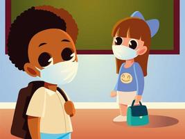 Back to school of girl with purse and boy kid with medical masks vector design