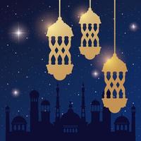 tarjeta de ramadan kareem con linternas doradas y taj mahal vector