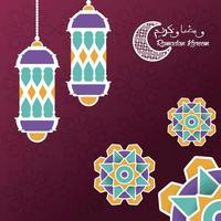 ramadan kareem card with mandalas and lanterns hanging vector