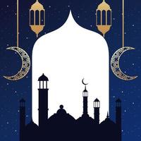 ramadan kareem card with golden lanterns and taj mahal vector