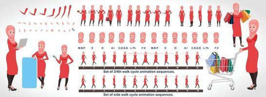 Islamic Girl Character Design Model Sheet with walk cycle animation Girl Character design Front side back view and explainer animation poses Character set with various views and lip sync vector