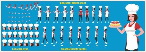 Chef Girl Character Design Model Sheet Girl Character design Front side back view and explainer animation poses Character set with lip sync Animation sequence of all front Back and side walk cycle animation sequences vector