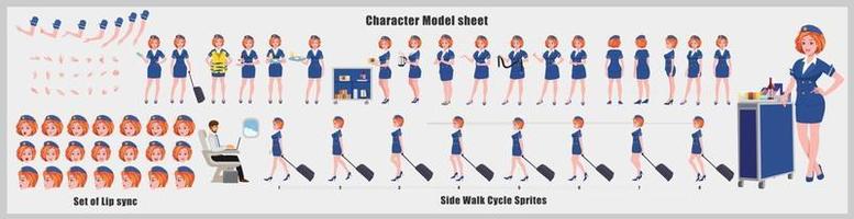 Air hostess Girl Character Design Model Sheet Girl Character design Front side back view and explainer animation poses Character set with lip sync Animation sequence of all front Back and side walk cycle animation sequences vector