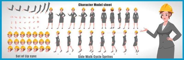Business Girl Character Design Model Sheet Girl Character design Front side back view and explainer animation poses Character set with lip sync Animation sequence of all front Back and side walk cycle animation sequences vector