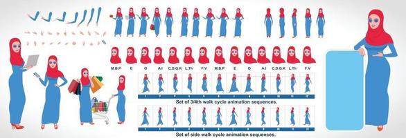 Islamic Girl Character Design Model Sheet with walk cycle animation Girl Character design Front side back view and explainer animation poses Character set with various views and lip sync vector