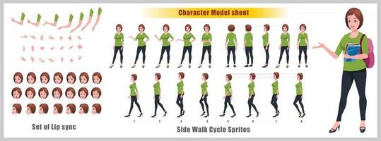 Girl Student Character Design Model Sheet Girl Character design Front side back view and explainer animation poses Character set with lip sync Animation sequence of all front Back and side walk cycle animation sequences vector