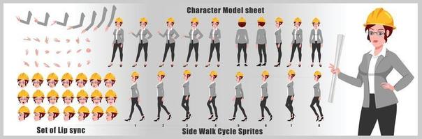 Business Girl Character Design Model Sheet Girl Character design Front side back view and explainer animation poses Character set with lip sync Animation sequence of all front Back and side walk cycle animation sequences vector