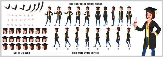 Girl student student Character Design Model Sheet Girl Character design Front side back view and explainer animation poses Character set with lip sync Animation sequence of all front Back and side walk cycle animation sequences vector