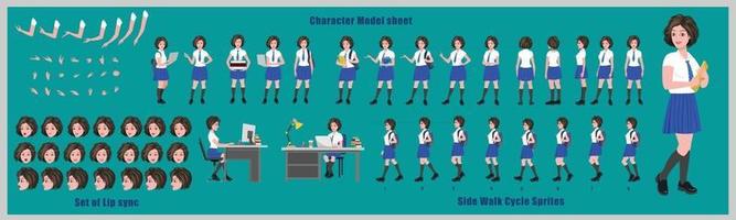 Girl student Character Design Model Sheet Girl Character design Front side back view and explainer animation poses Character set with lip sync Animation sequence of all front Back and side walk cycle animation sequences vector