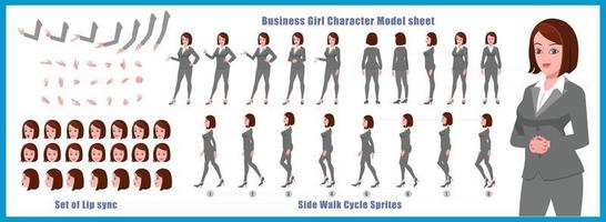 Business Girl Character Design Model Sheet Girl Character design Front side back view and explainer animation poses Character set with lip sync Animation sequence of all front Back and side walk cycle animation sequences vector