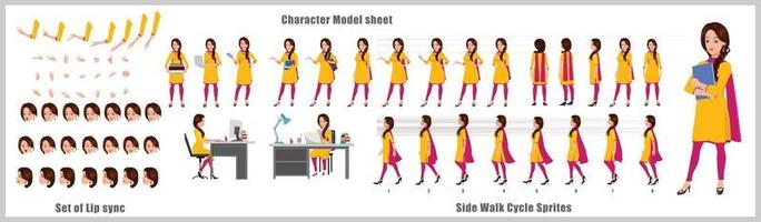 hoja de modelo de diseño de personajes de niña india diseño de personajes de niña vista frontal lateral posterior y explicador poses de animación conjunto de personajes con secuencia de animación de sincronización de labios de todas las secuencias de animación del ciclo de paseo frontal vector
