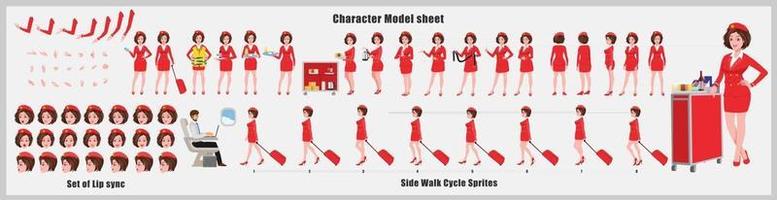 Air hostess Girl Character Design Model Sheet Girl Character design Front side back view and explainer animation poses Character set with lip sync Animation sequence of all front Back and side walk cycle animation sequences vector