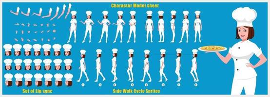 Chef Girl Character Design Model Sheet Girl Character design Front side back view and explainer animation poses Character set with lip sync Animation sequence of all front Back and side walk cycle animation sequences vector