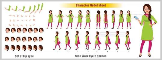 Indian Girl Character Design Model Sheet Girl Character design Front side back view and explainer animation poses Character set with lip sync Animation sequence of all front Back and side walk cycle animation sequences vector