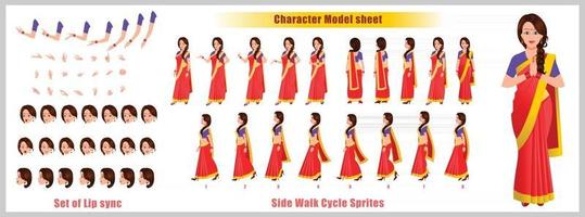 Indian Girl Character Design Model Sheet Girl Character design Front side back view and explainer animation poses Character set with lip sync Animation sequence of all front Back and side walk cycle animation sequences vector