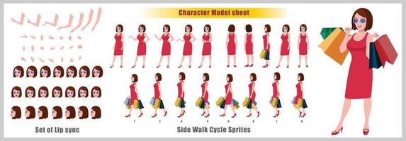 Shopping Girl Character Design Model Sheet Girl Character design Front side back view and explainer animation poses Character set with lip sync Animation sequence of all front Back and side walk cycle animation sequences vector