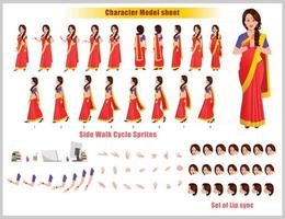 Indian Girl Character Design Model Sheet Girl Character design Front side back view and explainer animation poses Character set with lip sync Animation sequence of all front Back and side walk cycle animation sequences vector