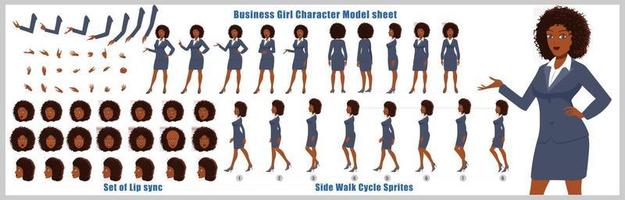 African American Girl Character Design Model Sheet Girl Character design Front side back view and explainer animation poses Character set with lip sync Animation sequence of all front Back and side walk cycle animation sequences vector