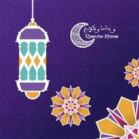 ramadan kareem card with mandalas and lanterns hanging vector