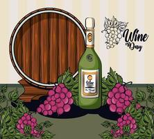 wine bottle and grapes fruits with barrel vector