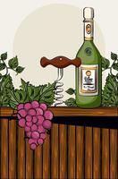 wine bottle drink with corkscrew and grapes vector