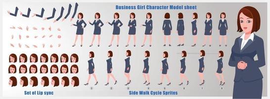 Business Girl Character Design Model Sheet Girl Character design Front side back view and explainer animation poses Character set with lip sync Animation sequence of all front Back and side walk cycle animation sequences vector