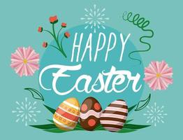 happy easter card with lettering and eggs painted vector