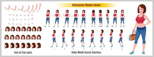 Girl Character Design Model Sheet Girl Character design Front side back view and explainer animation poses Character set with lip sync Animation sequence of all front Back and side walk cycle animation sequences vector