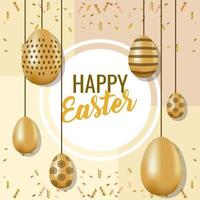 happy easter card with lettering and golden eggs painted hanging vector