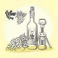 wine bottle drink with corkscrew and grapes vector