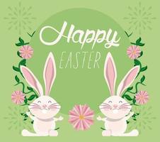 happy easter card with lettering and rabbits vector