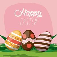 happy easter card with lettering and eggs painted in the field vector