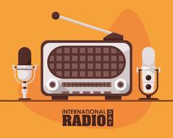 cartel del día internacional de la radio con aparatos retro vector