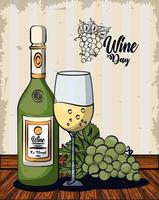 wine cup and bottle with grapes fruits vector