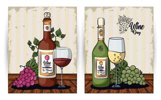 wine cups and bottles with grapes fruits vector