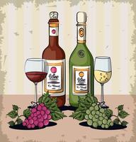 wine cups and bottles with grapes fruits vector