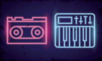 retro cassette neon lights icons vector