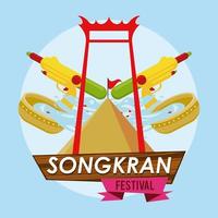 fiesta de celebración de songkran con arco y cuencos de agua vector