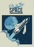 vida en el espacio letras con nave espacial y luna en estilo vintage cartel vector