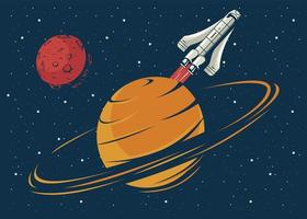 saturrn and mars with spaceship in poster vintage style vector