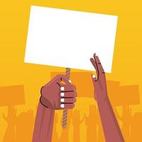 black hands human protesting lifting banner empty in yellow background vector