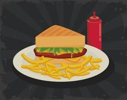 sándwich y papas fritas con salsa de tomate delicioso icono de comida rápida vector