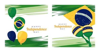 Brasil feliz celebración del día de la independencia con globos de helio y maracas en la bandera vector