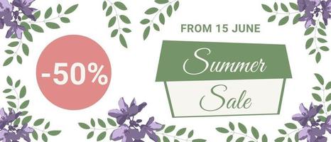 Summer sale banner with purple flowers and green leaves Floral design Perfect for banners flyers invitations posters web sites or greeting cards Vector illustration