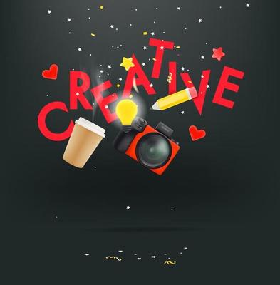 Creative concept with camera pencil and letters