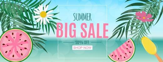 Abstract Summer Sale Background with Palm Leaves and Watermelon Vector Illustration