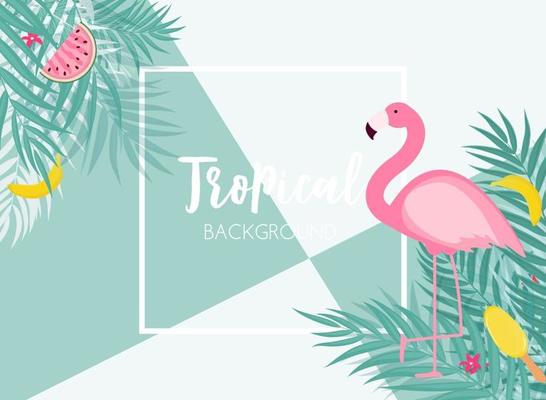 Cute Summer Abstract Frame Background with Pink Flamingo Vector Illustration