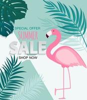 Abstract Summer Sale Background with Palm Leaves and Flamingo vector