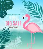 Abstract Summer Sale Background with Palm Leaves and Flamingo vector