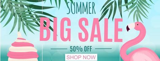 Abstract Summer Sale Background with Palm Leaves and Flamingo vector